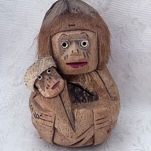 Vintage Hand Carved Coconut Monkey Bank Baby with Straw‎ Hat and Glasses 10"